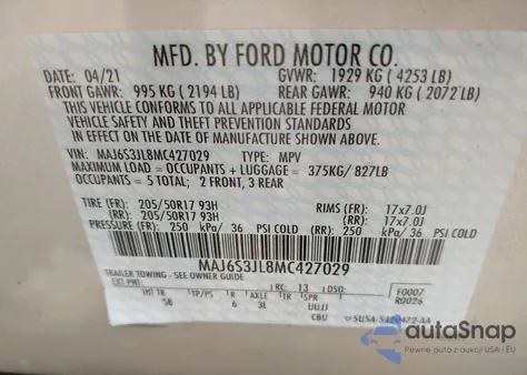 2021 Ford Ecosport Ses z USA, uszkodzony, nr VIN MAJ6S3JL8MC427029